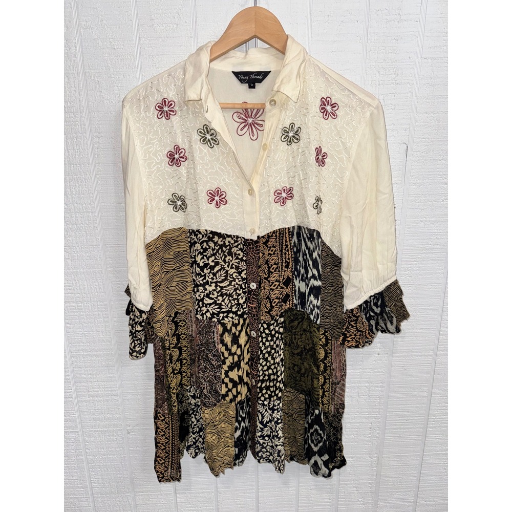 Young Threads Patchwork Tunic Women Small Cream Floral Embroidered Ruffle Sleeve
